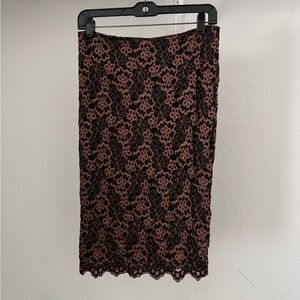 1990s Ann Ferriday Los Angeles Coppery Brown & Black Stretch Lace Pencil Skirt